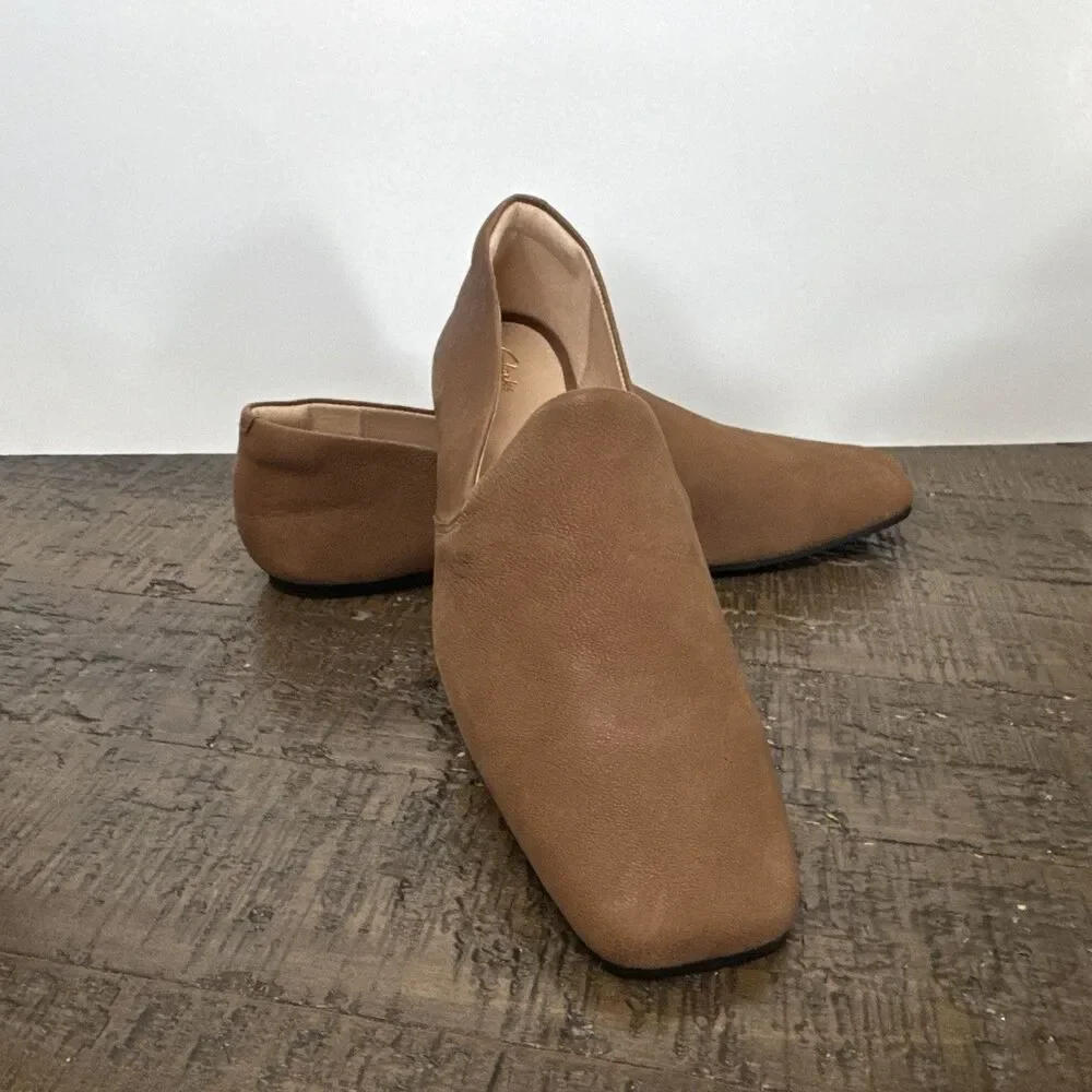 Clarks Womens Pure Slip Loafers Size 11.5 Camel Tan Suede Flats Shoes Square Toe